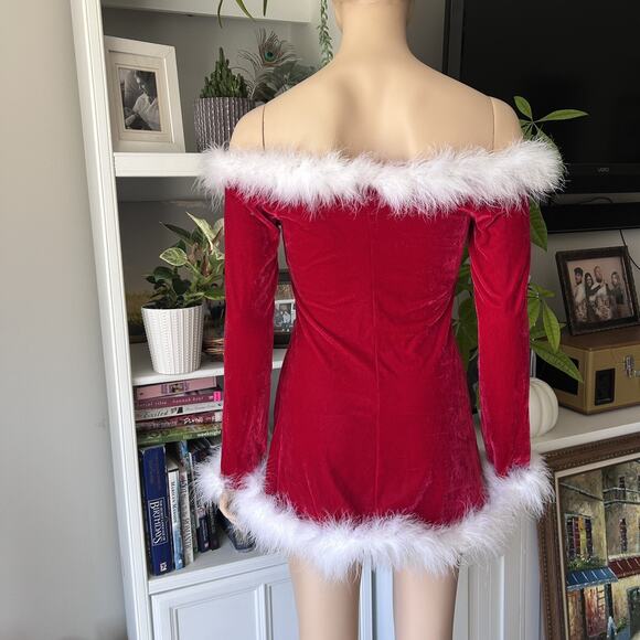 Vintage Fredericks of Hollywood Red Velvet Santa Feather Dress Plus Babydoll Sm - Picture 4 of 8